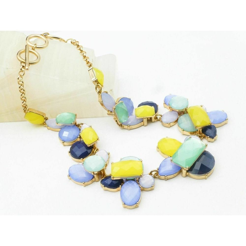 TALBOTS Statement Necklace Yellow Blue Green Beaded Gold-Tone Chain - Picture 5 of 6
